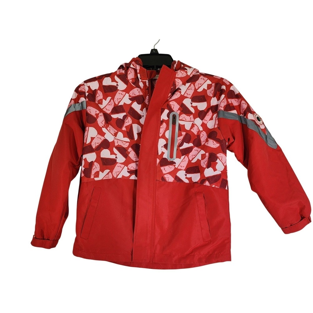 Girls 10 Red Heart Hooded Rain Jacket Coat Fleece Lined Reflective Winter School